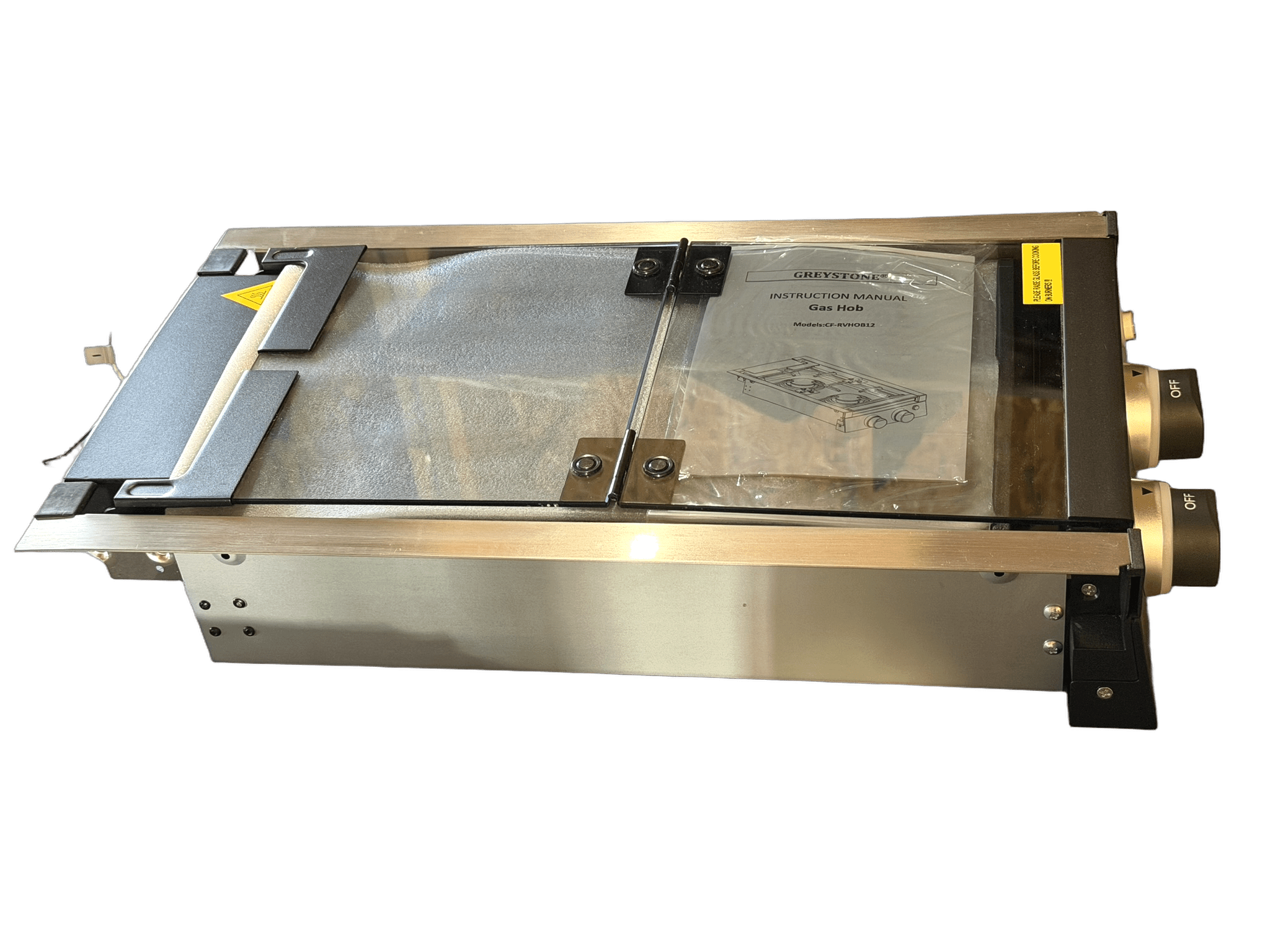 Greystone CF-RVHOB12 RV propane cooktop with tempered glass folding cover closed
