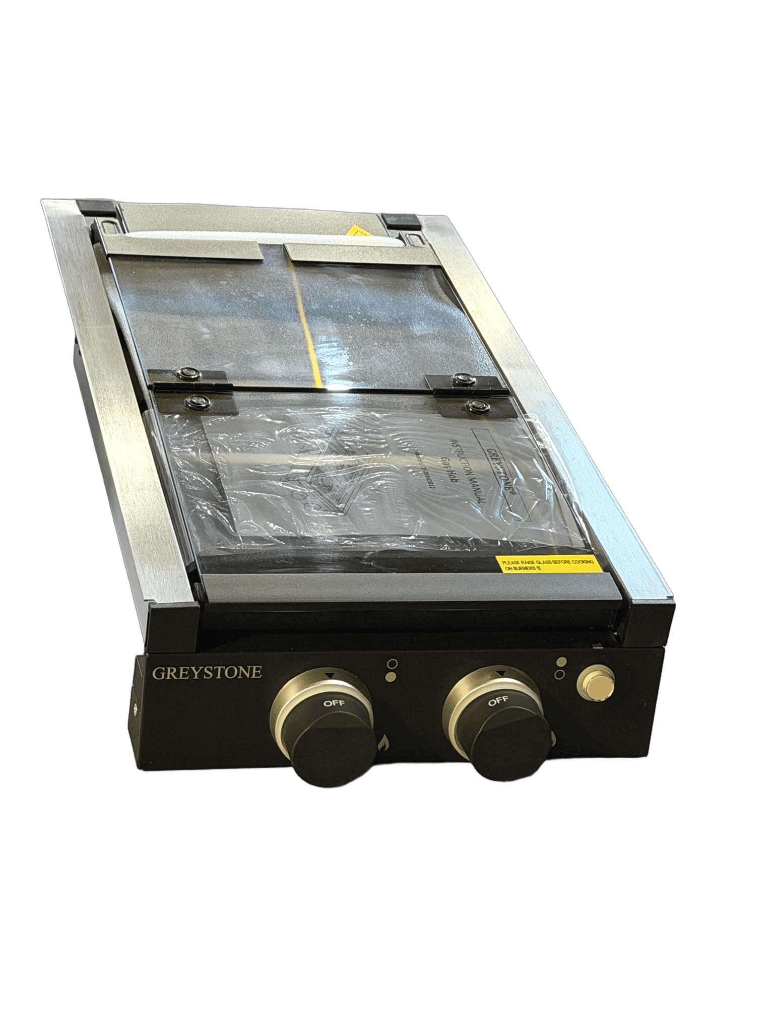 Greystone CF-RVHOB12 black 2 burner RV gas cooktop with tempered glass cover, LP propane