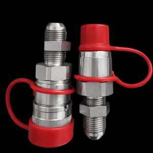 ISO 16028 flat face hydraulic quick connect coupler set with red protective dust caps
