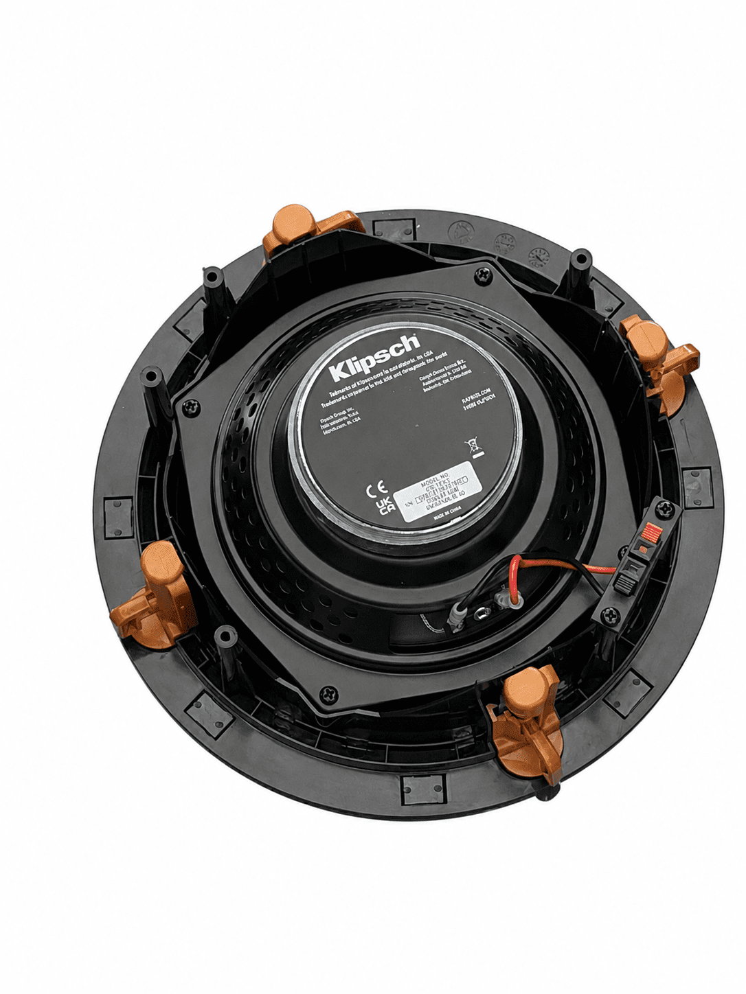 Klipsch CS-16C II in-ceiling speaker back view showing terminals and mounting hardware