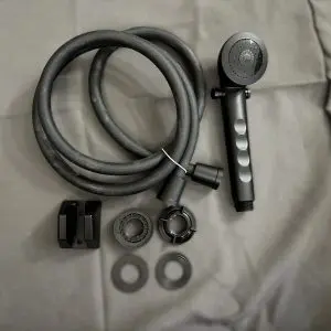 Matte black handheld RV shower head hose mount kit complete with bracket and fittings