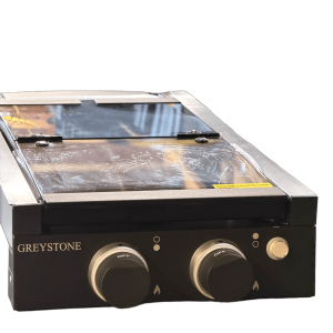 Black 2 burner RV gas hob cooktop with tempered glass cover open