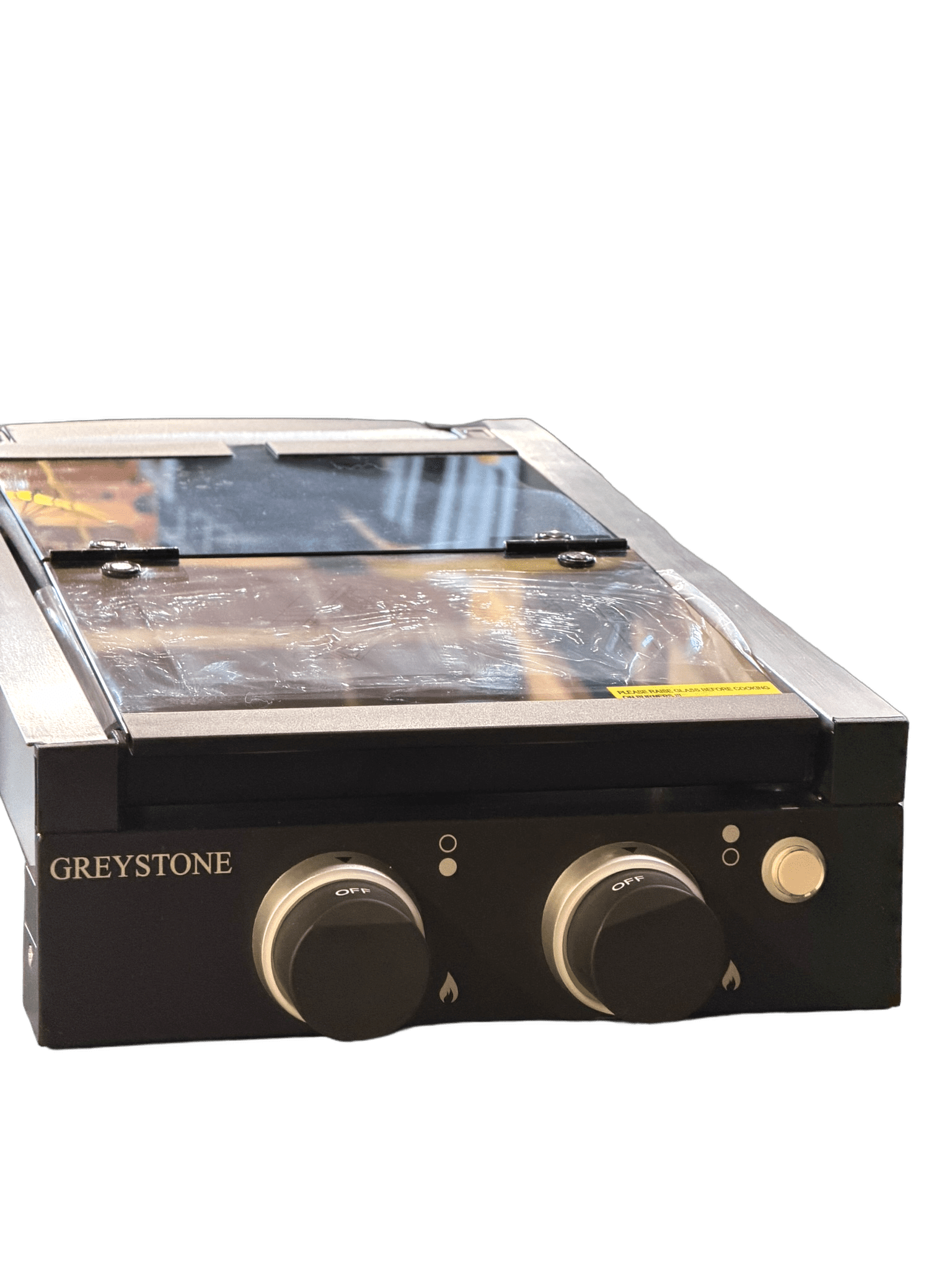 Black 2 burner RV gas hob cooktop with tempered glass cover open