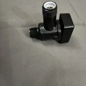 Black plastic inline shutoff valve for RV, camper, and marine plumbing systems