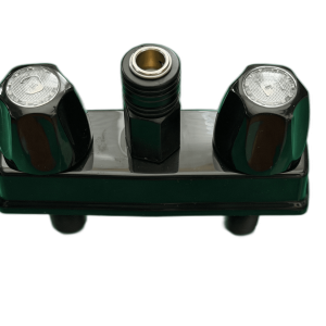 RV shower faucet valve dual knob top view in black finish with quick disconnect outlet