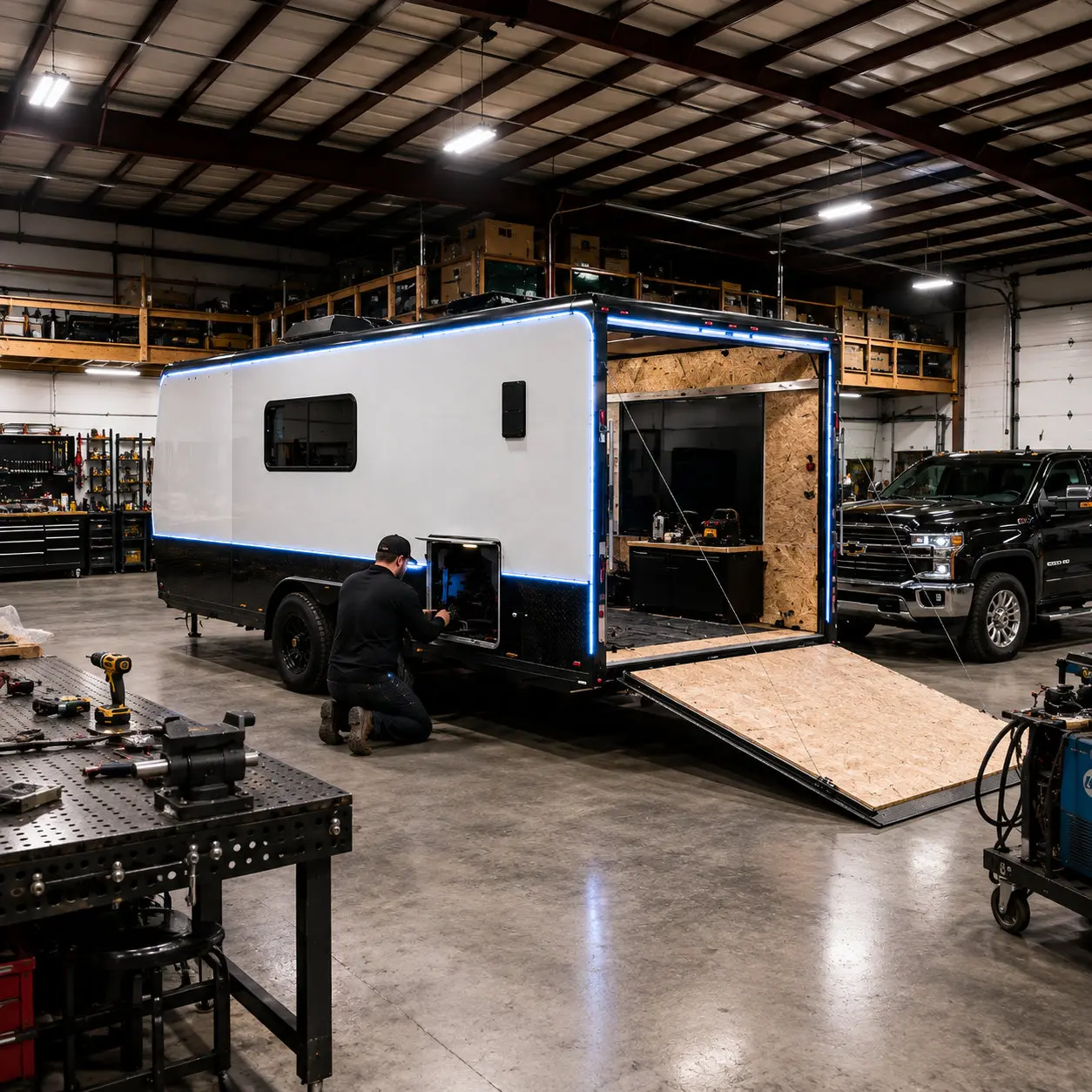 JT Custom Trailers technician wiring an enclosed cargo trailer with the ramp door down in the build shop