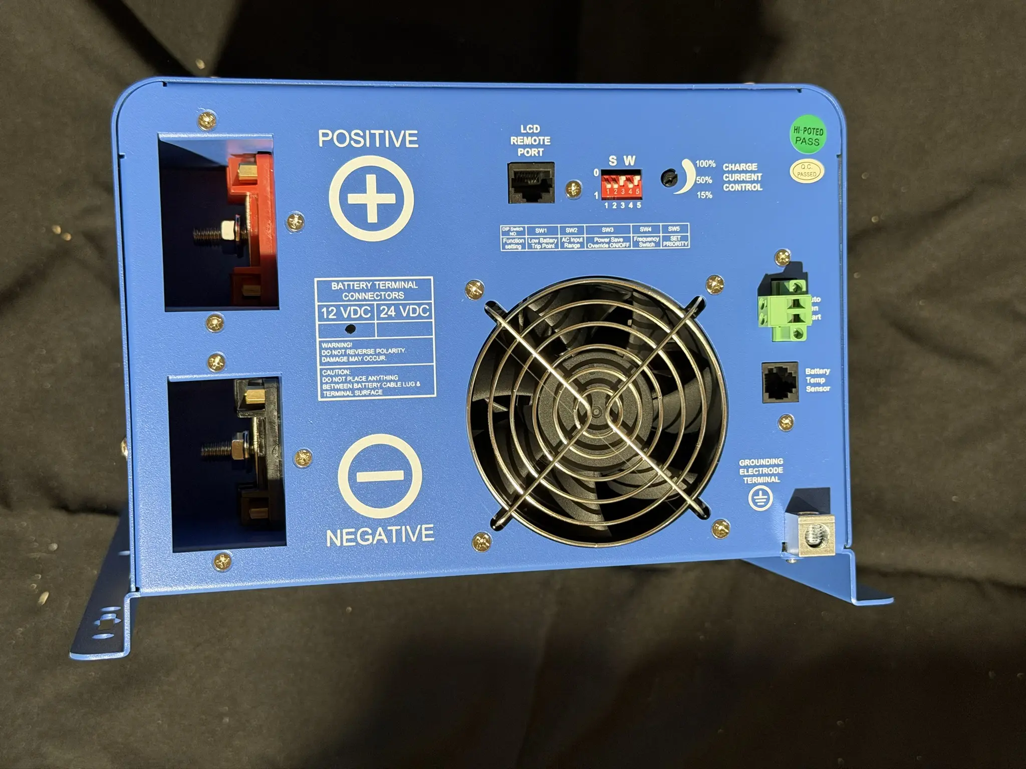 AIMS 3000W inverter charger DC battery terminals, DIP switches, remote port and fan