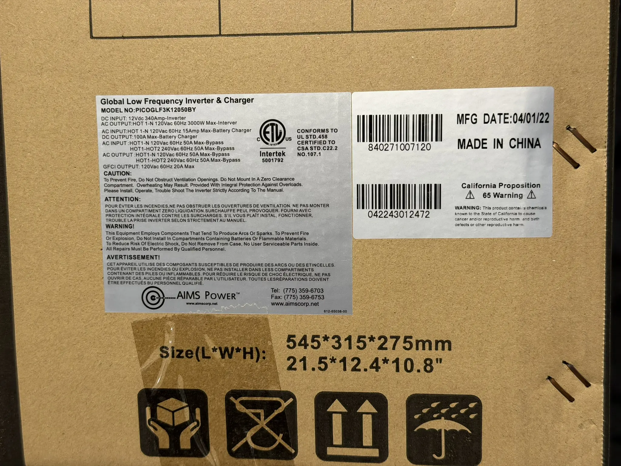 AIMS PICOGLF3K12050BY box spec label: 12V DC 3000W, 100A charger, 50A bypass, ETL listed