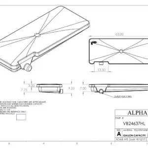 Alpha Systems factory drawing for tank VB24637HL showing 63 x 25 inch dimensions and 3 inch outlet
