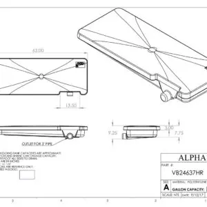 Alpha Systems factory drawing for tank VB24637HR showing 63 x 25 inch dimensions and 3 inch outlet