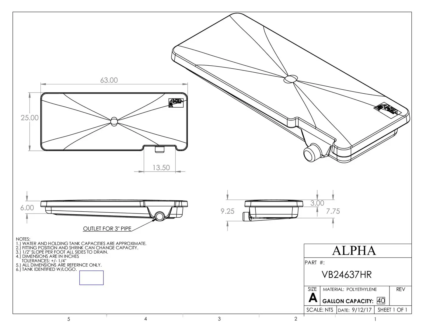 Alpha Systems factory drawing for tank VB24637HR showing 63 x 25 inch dimensions and 3 inch outlet