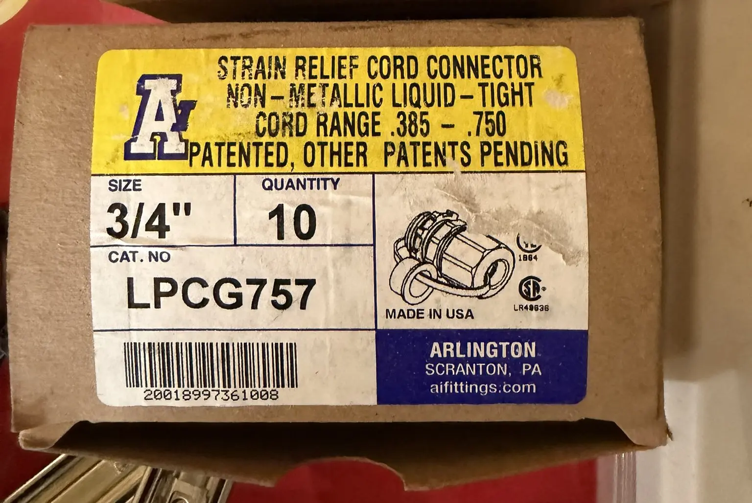 Arlington LPCG757 3/4 inch non-metallic liquid-tight strain relief cord connector, box of 10