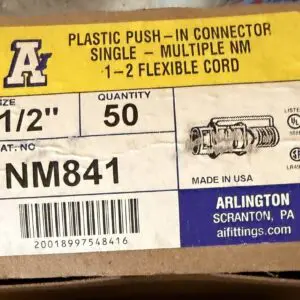 Arlington NM841 1/2 inch plastic push-in NM cable connectors, box of 50