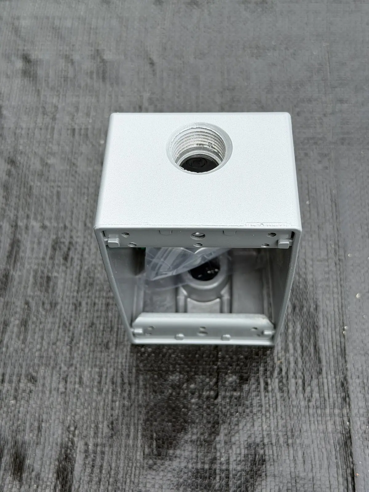 End of BWF B-5V weatherproof box showing threaded 1/2 inch hub
