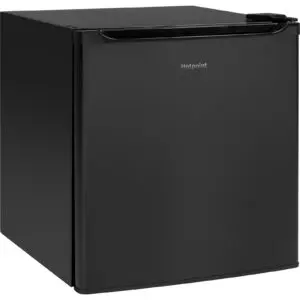 Hotpoint HME02GGMBB 1.7 cu ft compact refrigerator in black, angled front view