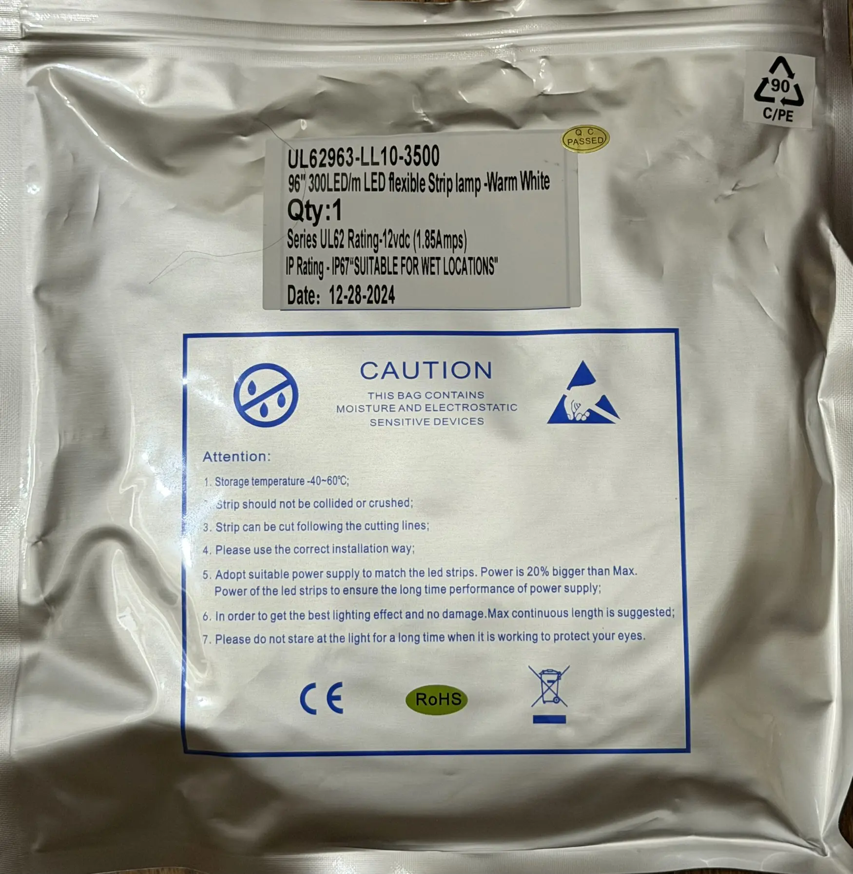 Sealed anti-static package for UL62963-LL10-3500 LED strip
