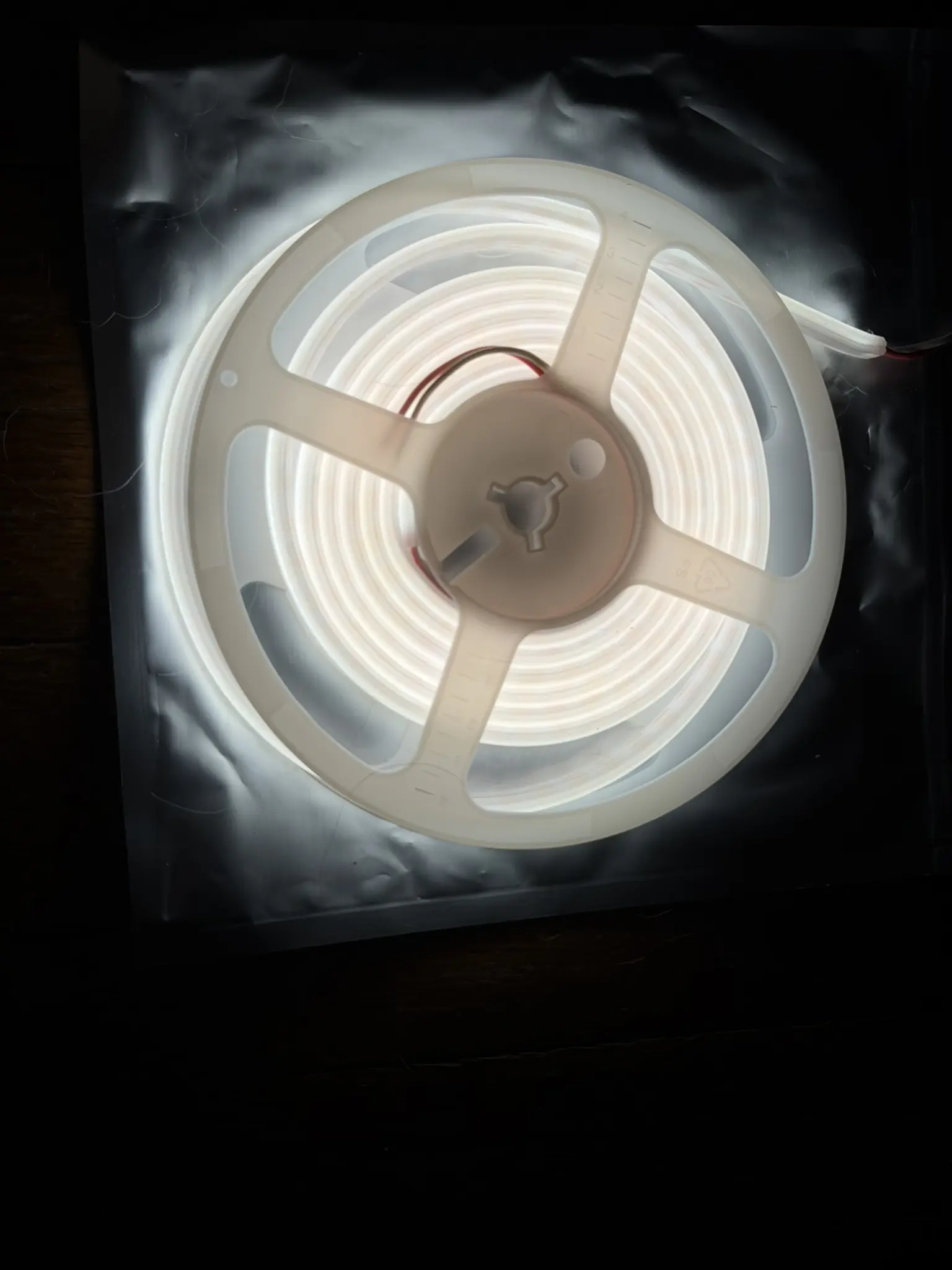 96 inch warm white LED strip light lit on reel, continuous glow