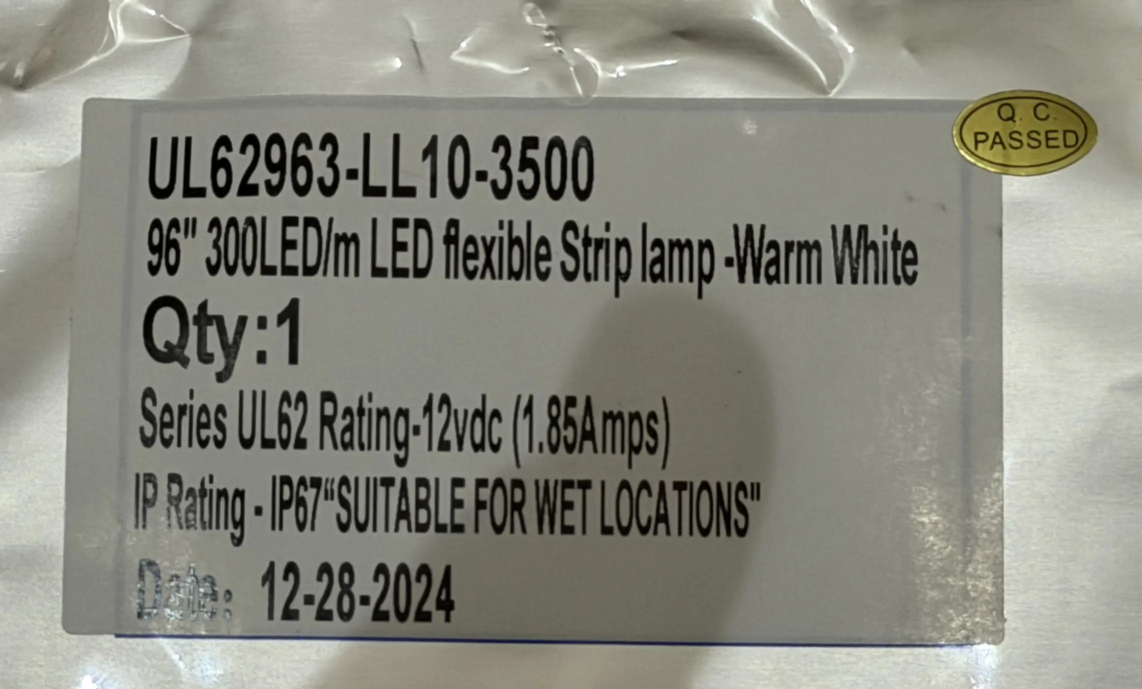 UL62963-LL10-3500 label: 96 inch 300 LED/m warm white, 12VDC 1.85A, IP67