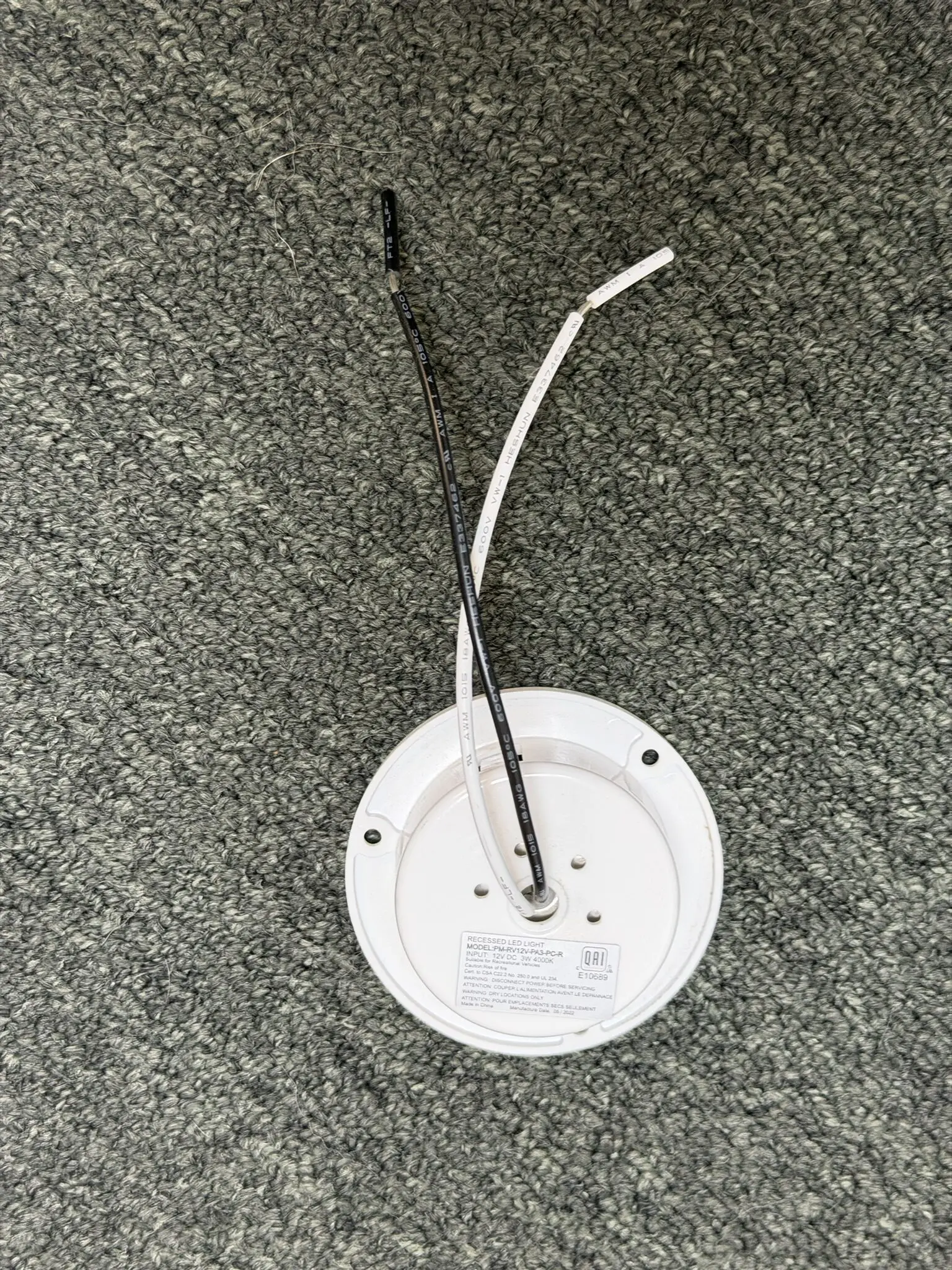 Back label of 3W RV LED light PM-RV12V-PA3-PC-R, 12V DC 3W 4000K, QAI certified