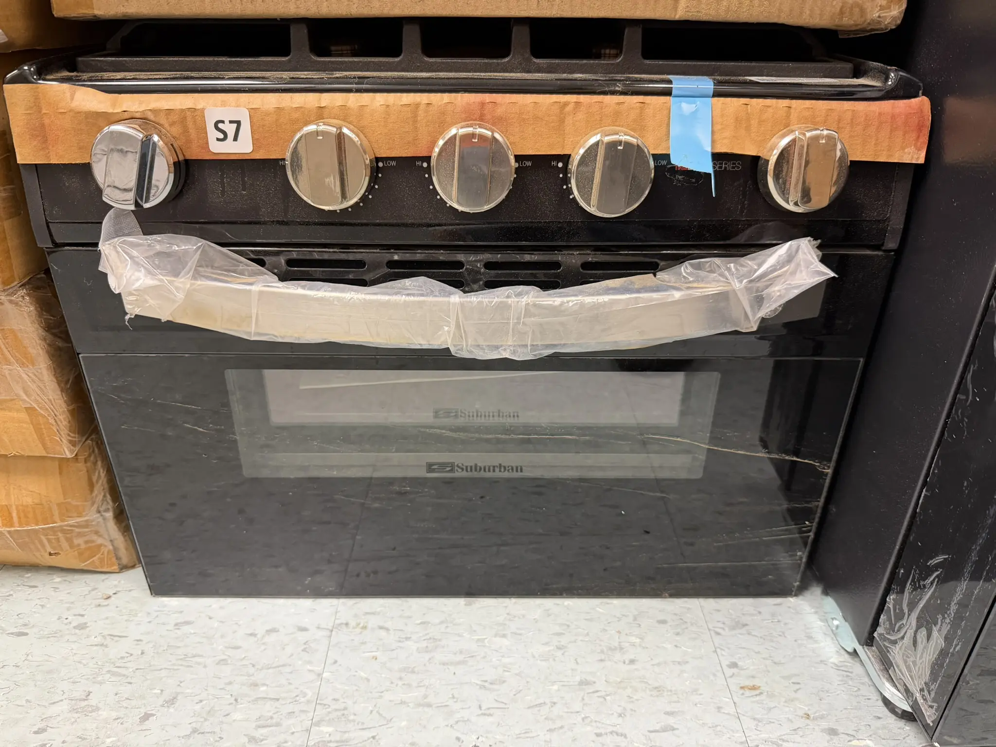 Suburban 17 inch RV gas range oven, 3 burners, black with chrome knobs