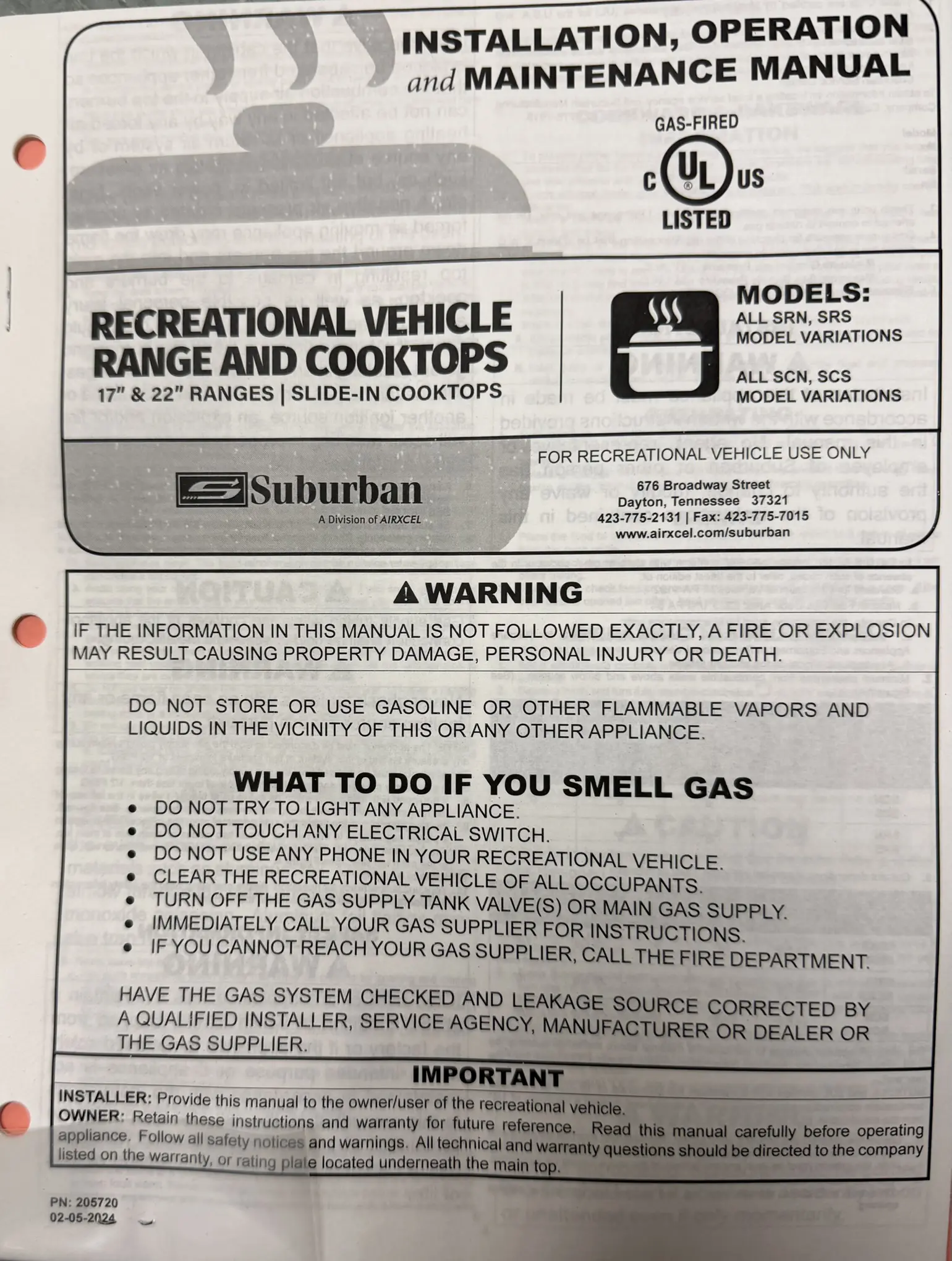 Suburban RV range and cooktops installation, operation and maintenance manual, UL listed