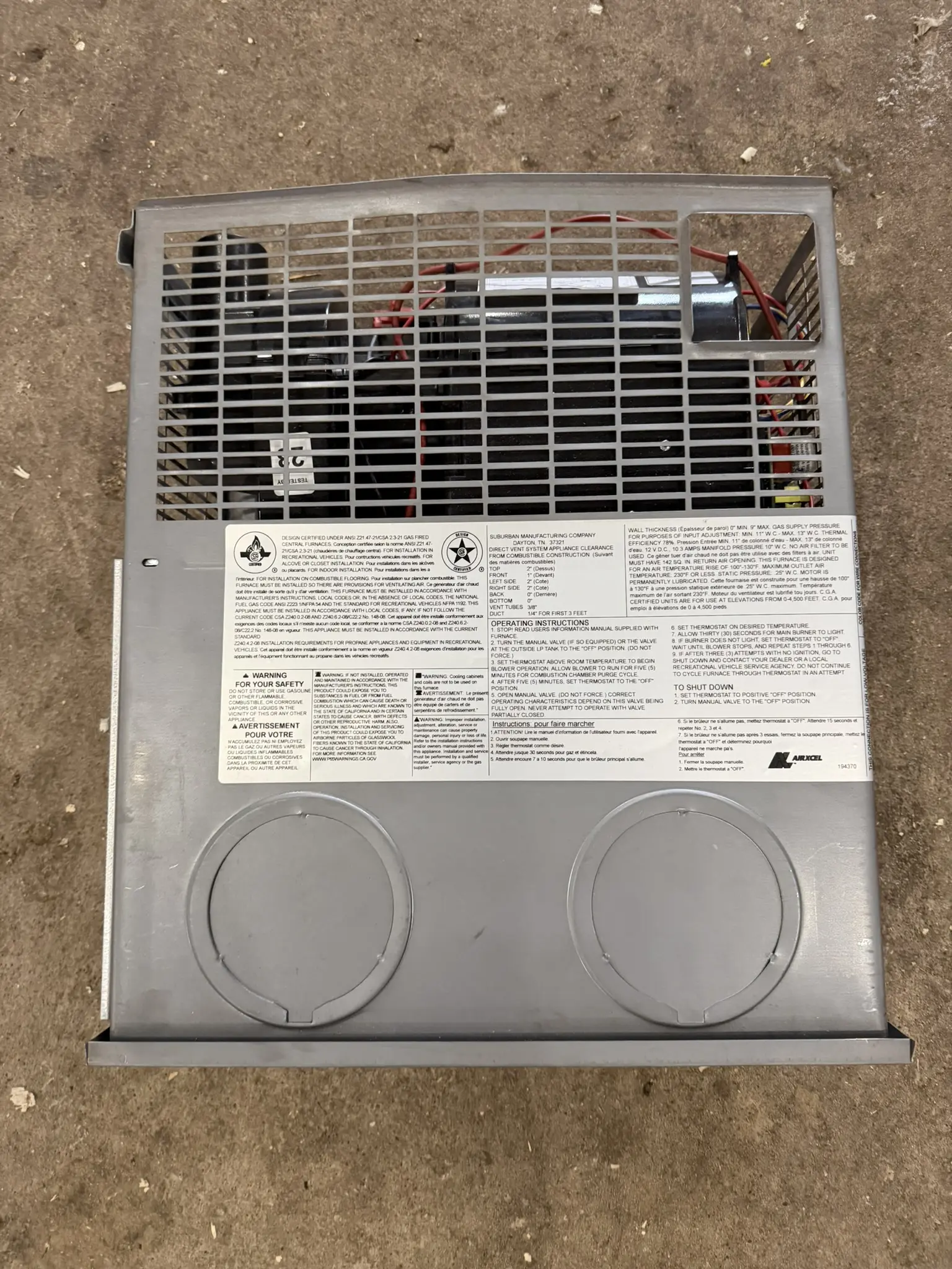 Suburban SF-42VHQ RV furnace front label