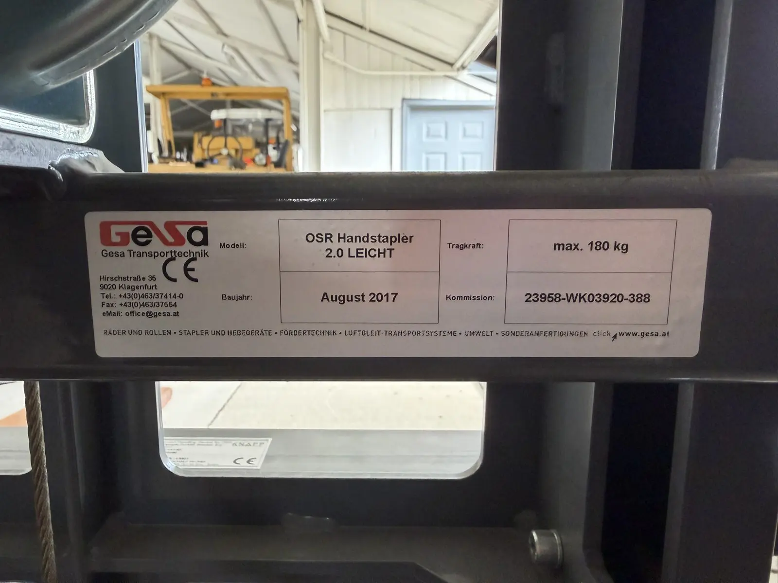 Gesa OSR Handstapler 2.0 Leicht identification plate, 180 kg max, August 2017