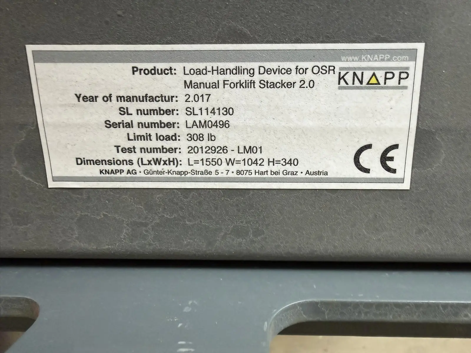 KNAPP OSR load-handling device label with dimensions and CE mark