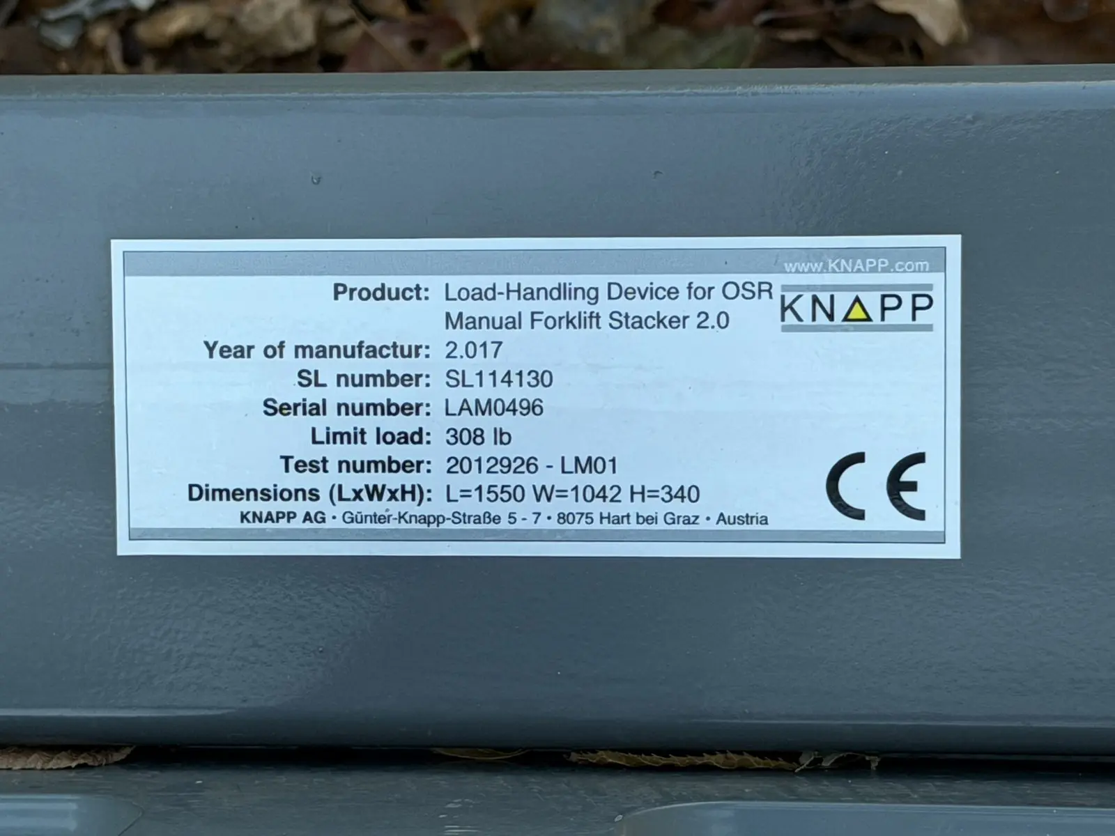 KNAPP data plate showing 308 lb limit load and serial LAM0496