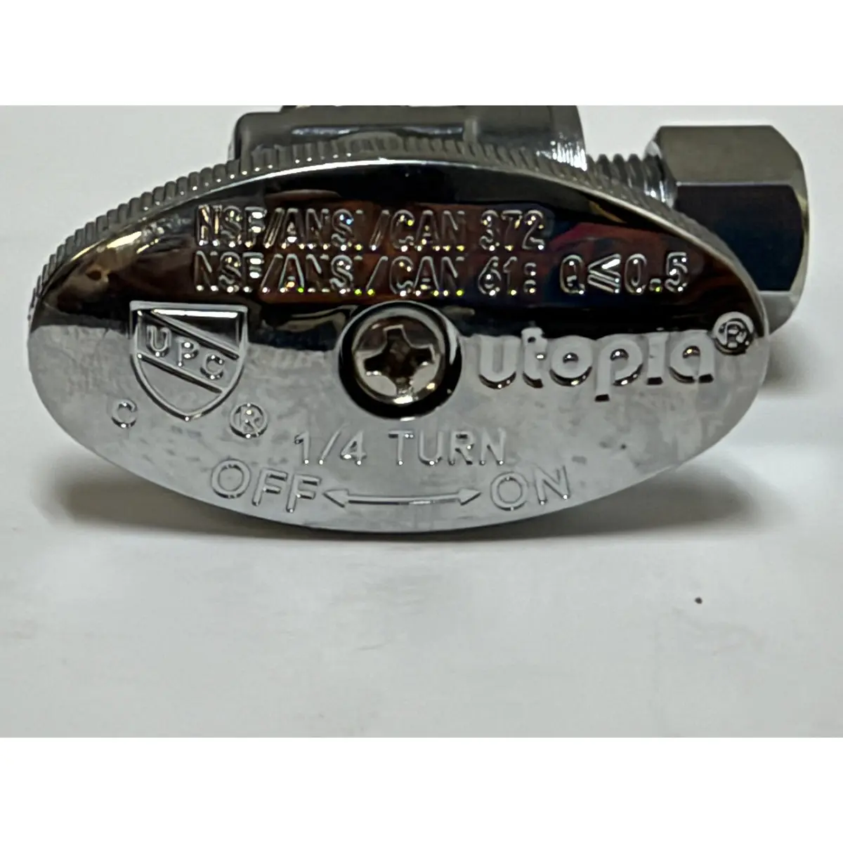 NSF ANSI CAN 61 and 372 certification stamped on Utopia valve handle